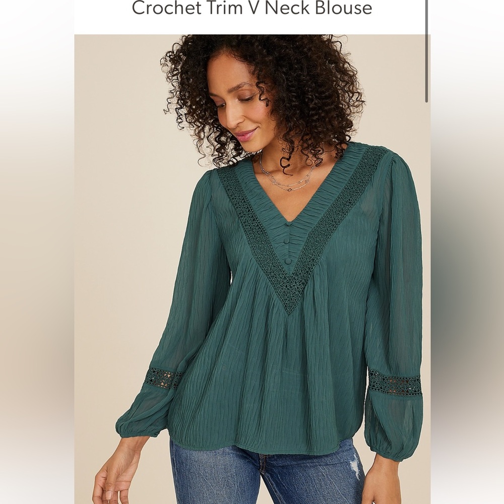 Maurices Green Crochet Trim V-Neck Blouse